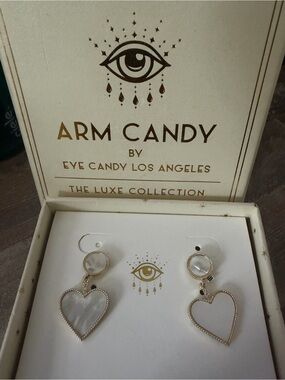 Arm Candy by Eye Candy Los Angeles Heart Earrings Gold and White Heart Drop
